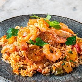 Creoolse Jambalaya met worst, ham en garnalen