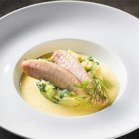Makreelfilet met dille, broccolipuree en mousselinesaus