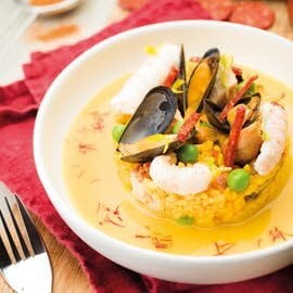 Volaille et chorizo façon Paëlla, bouillon safrané