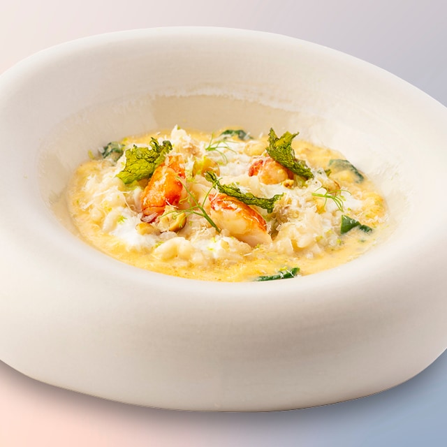 Risotto aux médaillons de crustacé et épinards