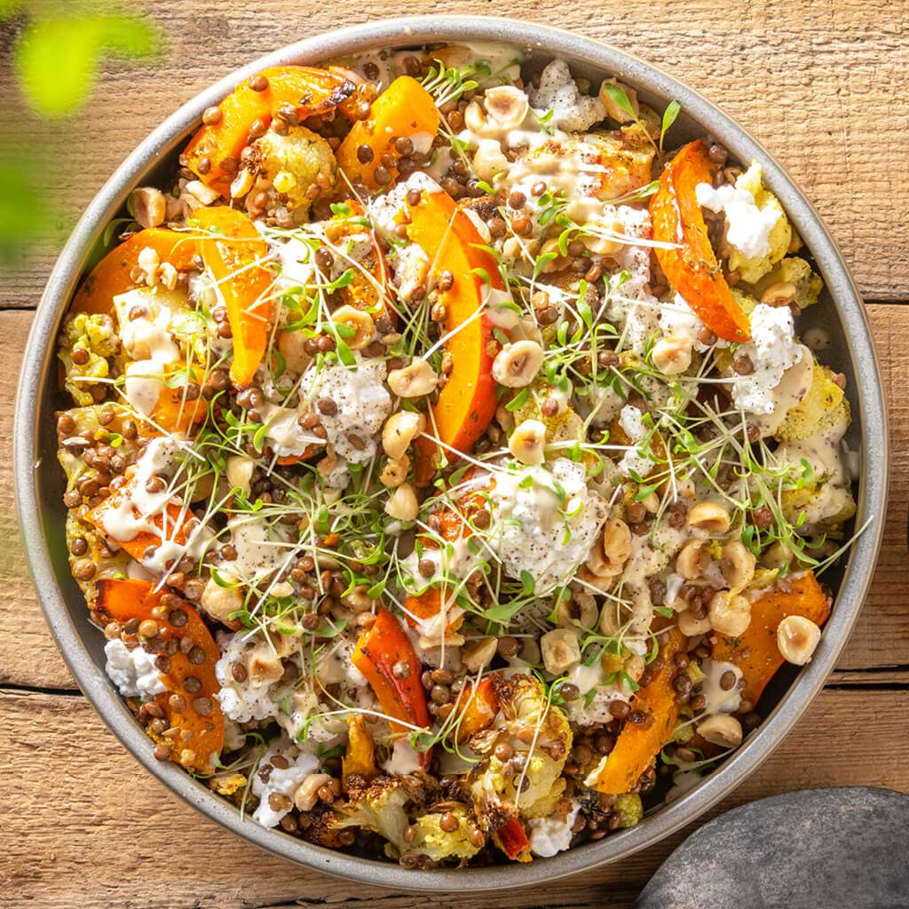 Salade de lentilles, potiron et chou-fleur au dressing miel-moutarde