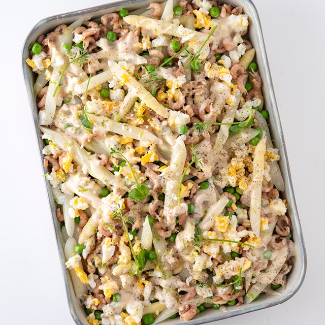 Salade d’asperges blanches aux petits pois, vinaigrette aux crevettes