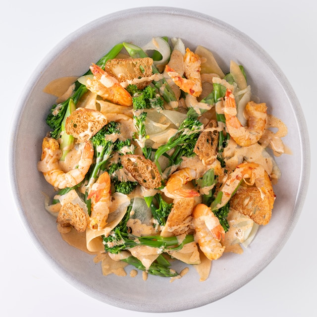 Meloensalade met gamba's, asperges en bimi