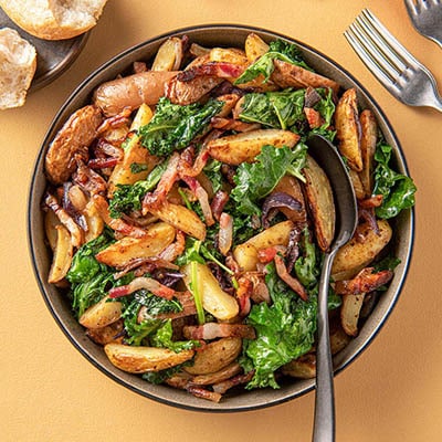 Gebakken krieltjes met pancetta en boerenkool