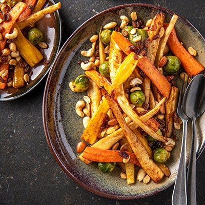 Légumes racines et choux de Bruxelles, mendiant, ras el hanout